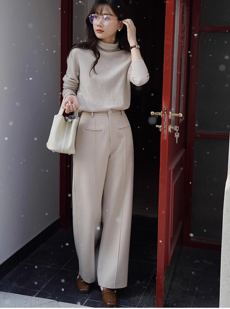 Wool Wide Leg Pants High Waist Straight Trousers for Women Winter French Tailored Bottoms Casual Chic Commuter Versatile Outfit