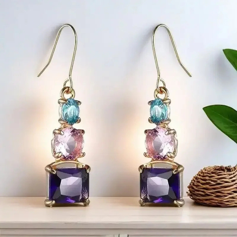 Colorful Cubic Zirconia Drop Earrings for Women Trendy Bridal Wedding Accessory Exquisite Novel Jewelry
