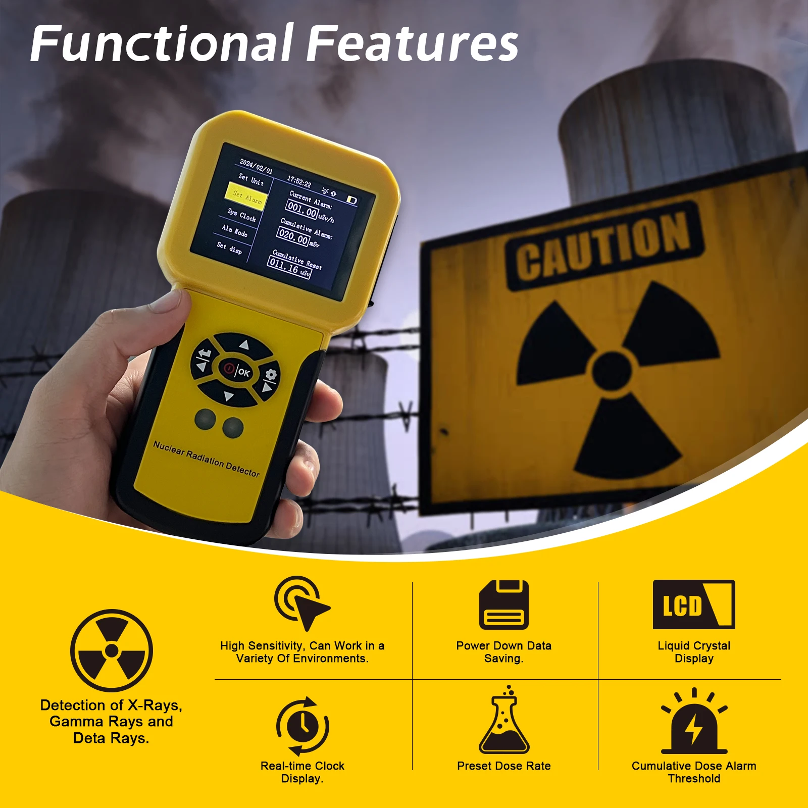 كاشف الإشعاع النووي عداد جيجر، مقياس جرعات الإشعاع الرقمي مع 3 أوضاع إنذار وتوفير البيانات، بيتا جاما المحمولة #3