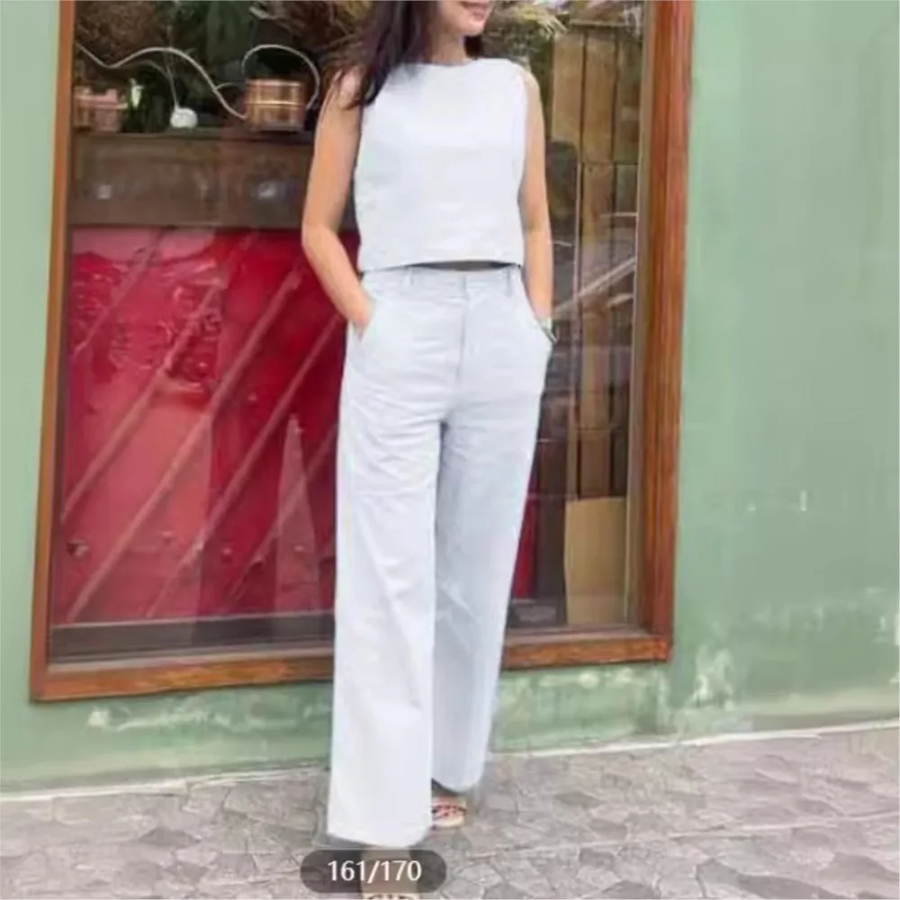 Fashion Cotton  Linen Sleeveless O Neck Solid Color Women\'s Suit Spring Summer New  Slim Pocket Pants Female Office 2 Piece Set