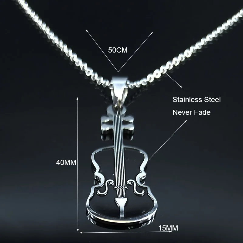 Violin Stainless Steel Necklace Women/Men Small Music Black Enamel Chain Necklace Jewelry moda mujer N1887S01