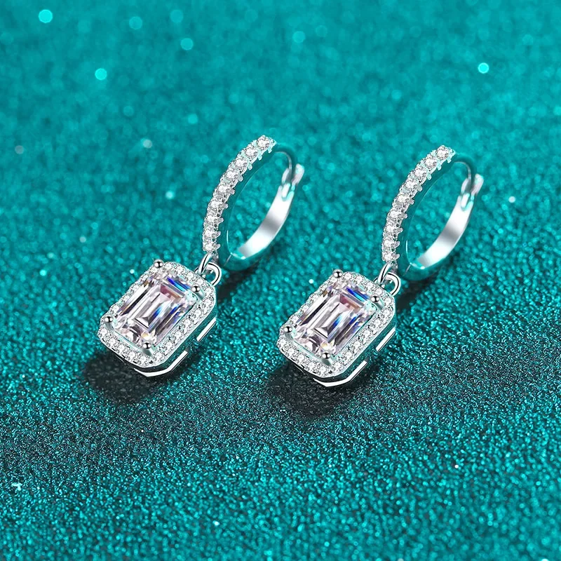 18K gold earrings for women, moissanite ear buckles, emerald radiant cut diamond earrings, plated with pt950 platinum