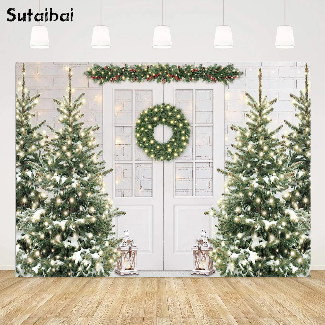 Rustic White Christmas Backdrop for Photography 2022 Winter Snow Xmas Tree Wood Door Background Holiday Party Photobooth