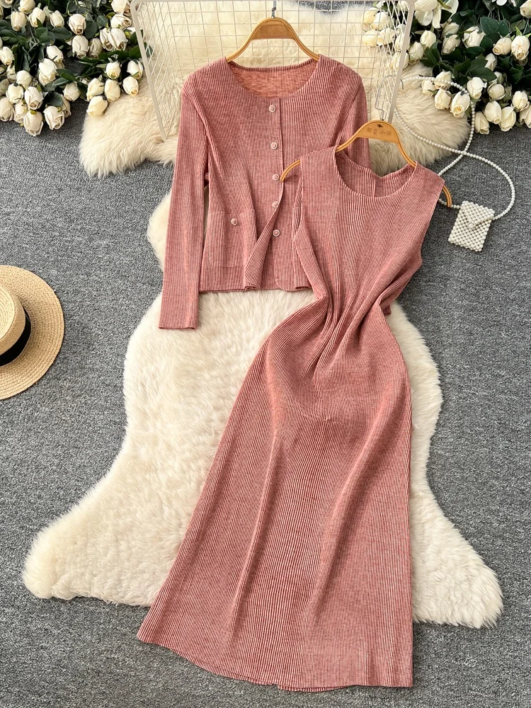 

Women's Autumn Commute Sle Knitted Long Dr And Open Cardigan Slimming Two-Piece Set Soft Breeze Faionable Workwear