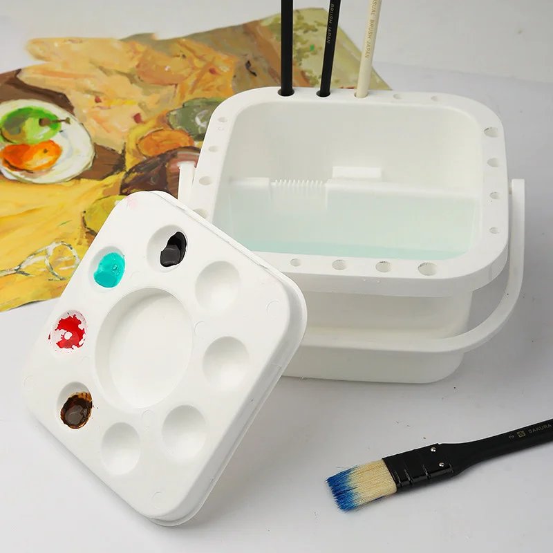 3-in-1 Palette Bucket with Lid Paint Brush Washing Bucket Paint Tray Brush Holder Watercolor Palette Plastic Paint Brush Washer