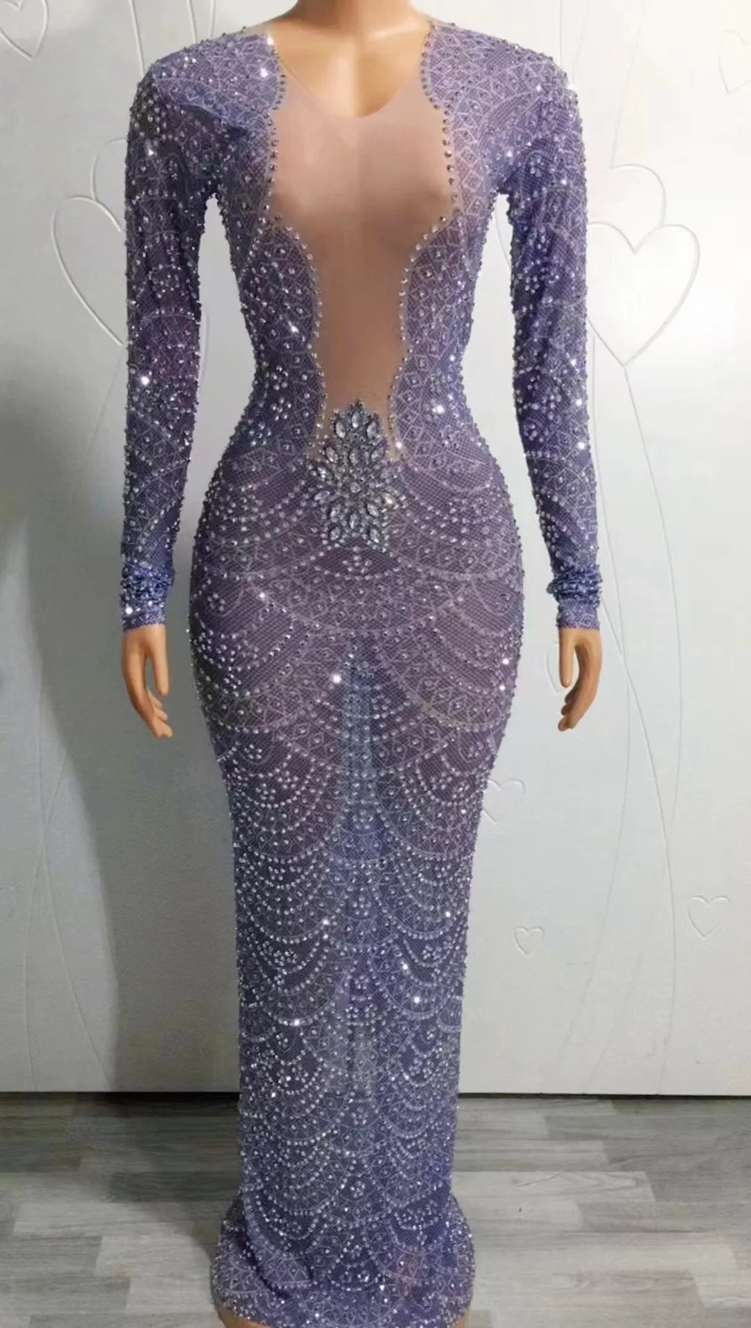 

Silver Rhinestones Chains TransparentDress Birthday Celebrate Sexy Drag QueenCostume Prom Party Dance Show Dress