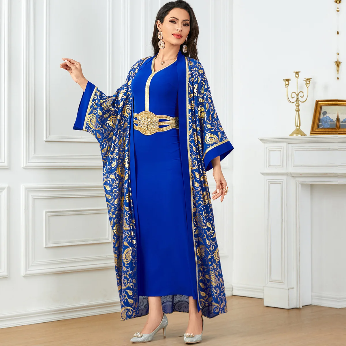 3838 Summer New Muslim Hot Stamped Robe Two Piece Dress with Belt