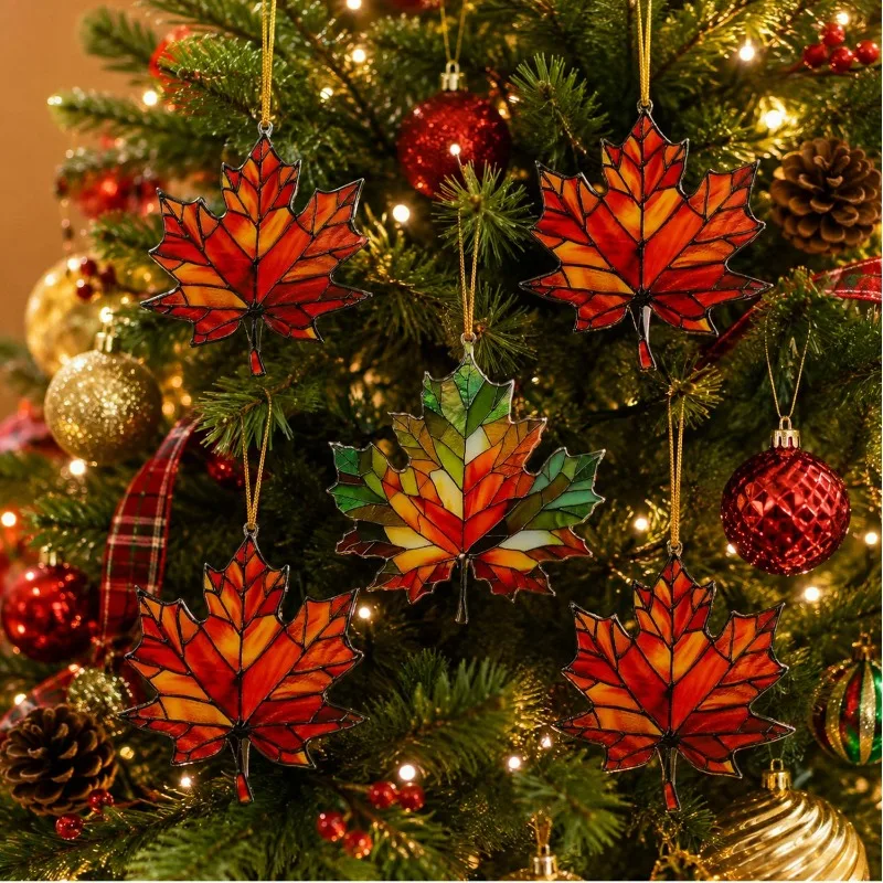 20/1PCS 2D Flat Acrylic Maple Leaf Decorative Pendant Stained Glass Fall Window Hanging Ornament Thanksgiving Home Party Decor view 3