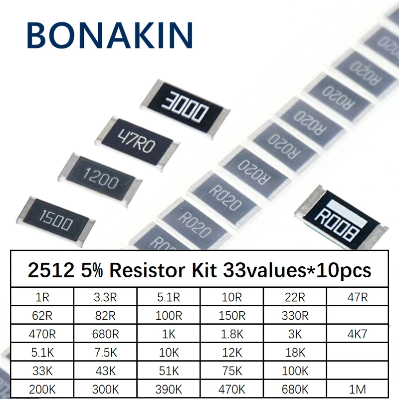 Kit surtido de resistencias SMD 2512, 1ohm-1M ohm 5% 33valuesX 10 piezas = 330 piezas, Kit de bricolaje