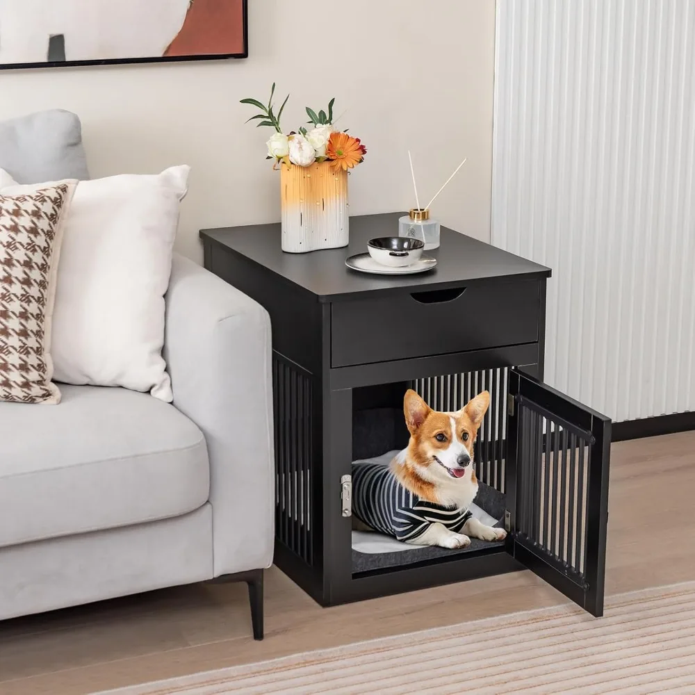 Dog Crate Furniture, Decorative Dog Kennel End Table with Storage Drawer, Wired & Wireless Charging, Lockable Indoor