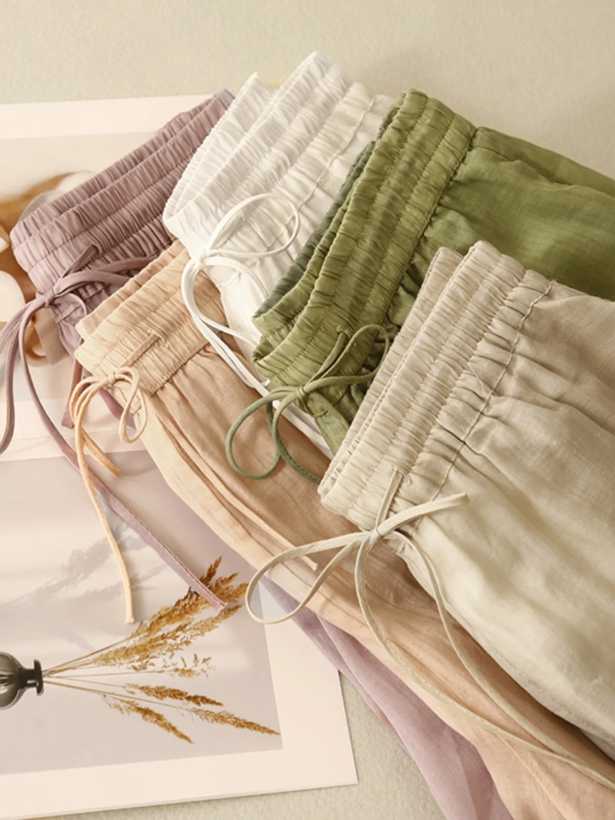 Dubbellaagse broek met wijde pijpen Dames losse comfortabele casual broek Elastische taille Katoen-linnenmix Negenpuntslengte