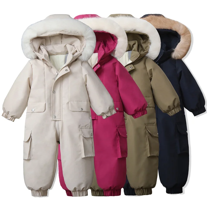 Children Winter Ski Suit Coat Thicken Baby Jumpsuit Warm Children Jacket Waterproof Hooded Kids Snowsuit Clothes 1-5Years
