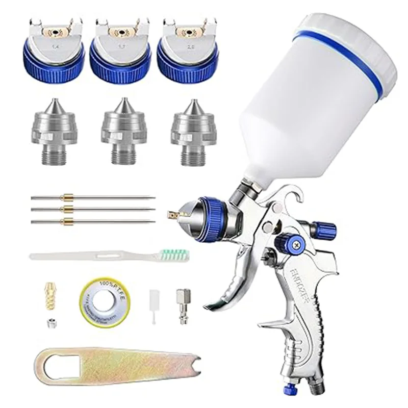 600cc HVLP Gravity Spray Gun with 1.3mm/1.4mm Nozzles, Includes Gauge for Auto Paint, Primer, and Top Coats(Blue)