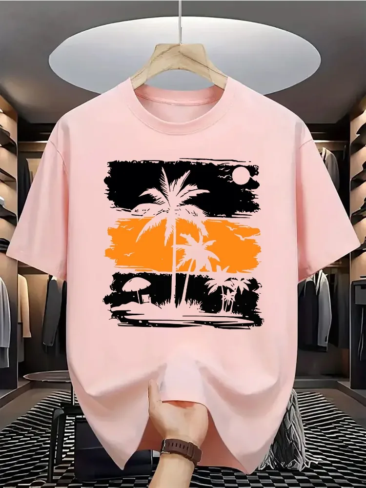Camiseta feminina com estampa de coqueiro, gola redonda, manga curta, confortável e versátil, estilo fashion, roupas da moda