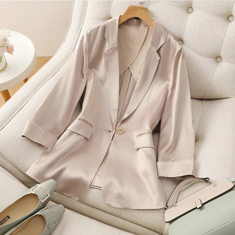 Champagne color Triacetic Acid fabric women blazers Small Suits coat Slim Fitting Waist Closing Silk Satin Suits Thin Coats