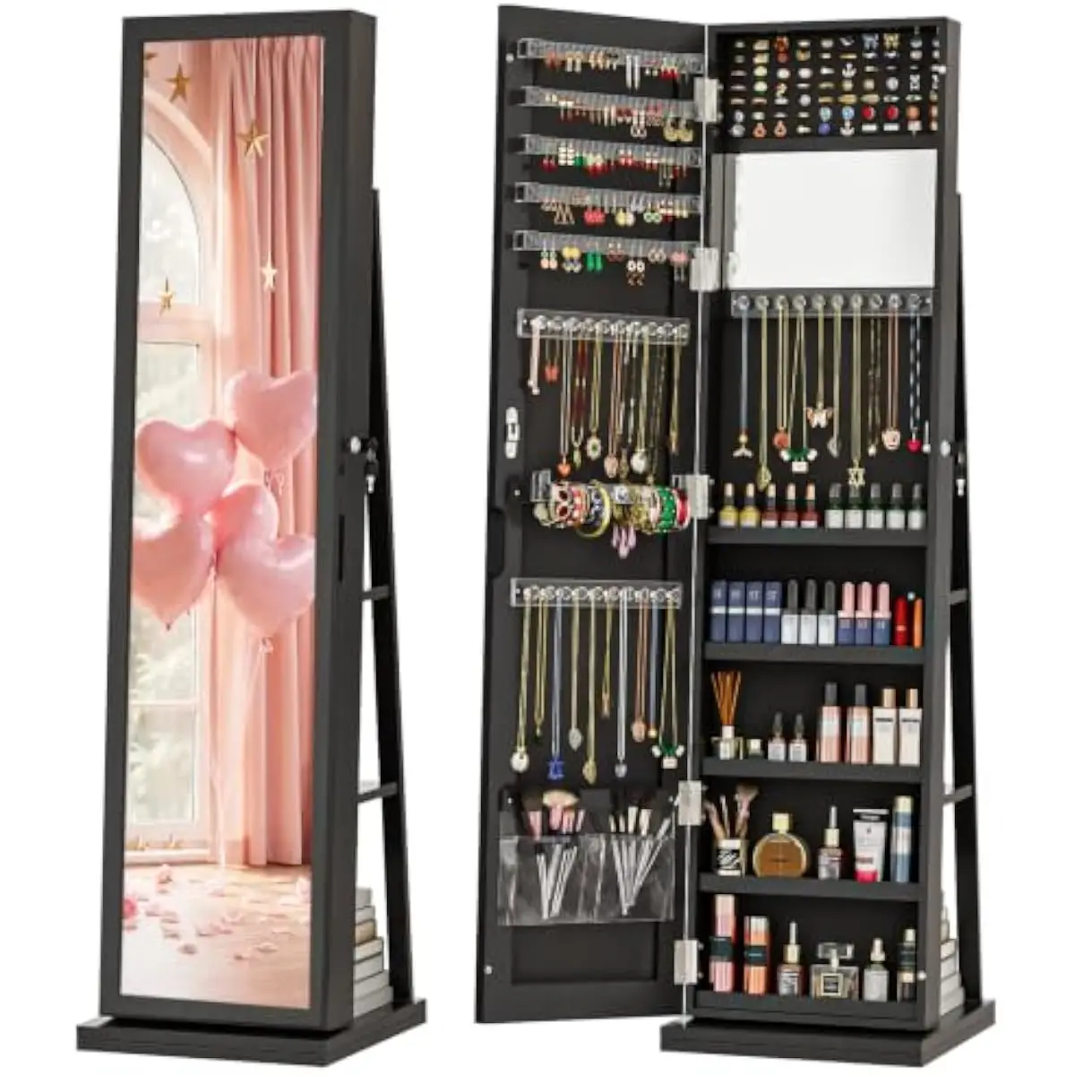 Elegant Black Standing Jewelry Armoire with Full-Length Swivel Mirror Velvet-Lined Interior 100 Earring Slots 30 Necklace Hooks