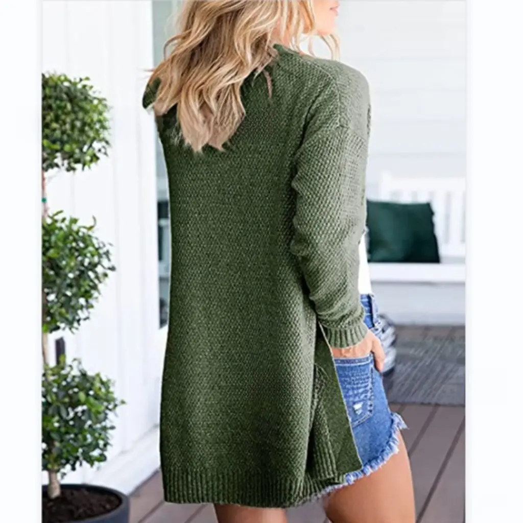 

Women's Long Knitted Cardigan Jacket Pineapple Needle Design European American Style Autumn Winter Sweater with Pockets