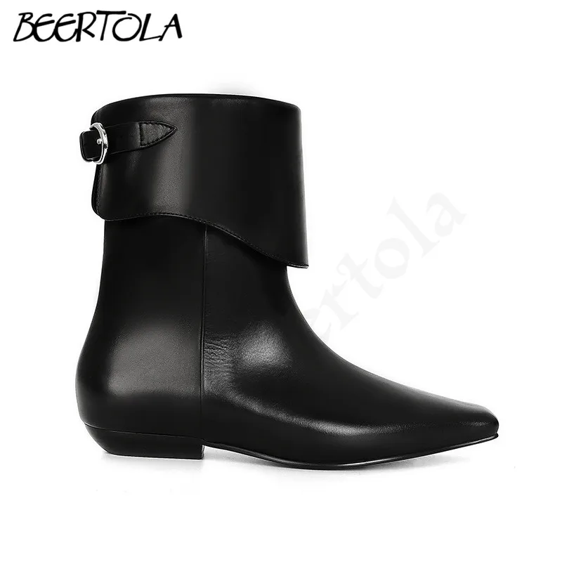 Women's Black Fiber Leather Boots Square Toe Low Heel Belt Buckle Folding Ankle Boots Fashion Casual Women Western Boots