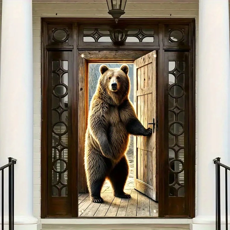 4 Grommets 1pc Door Banner Polyester Brown Bear Door Banners Seasonal Outdoor Decoration Versatile Garden Flag for Party Curtain