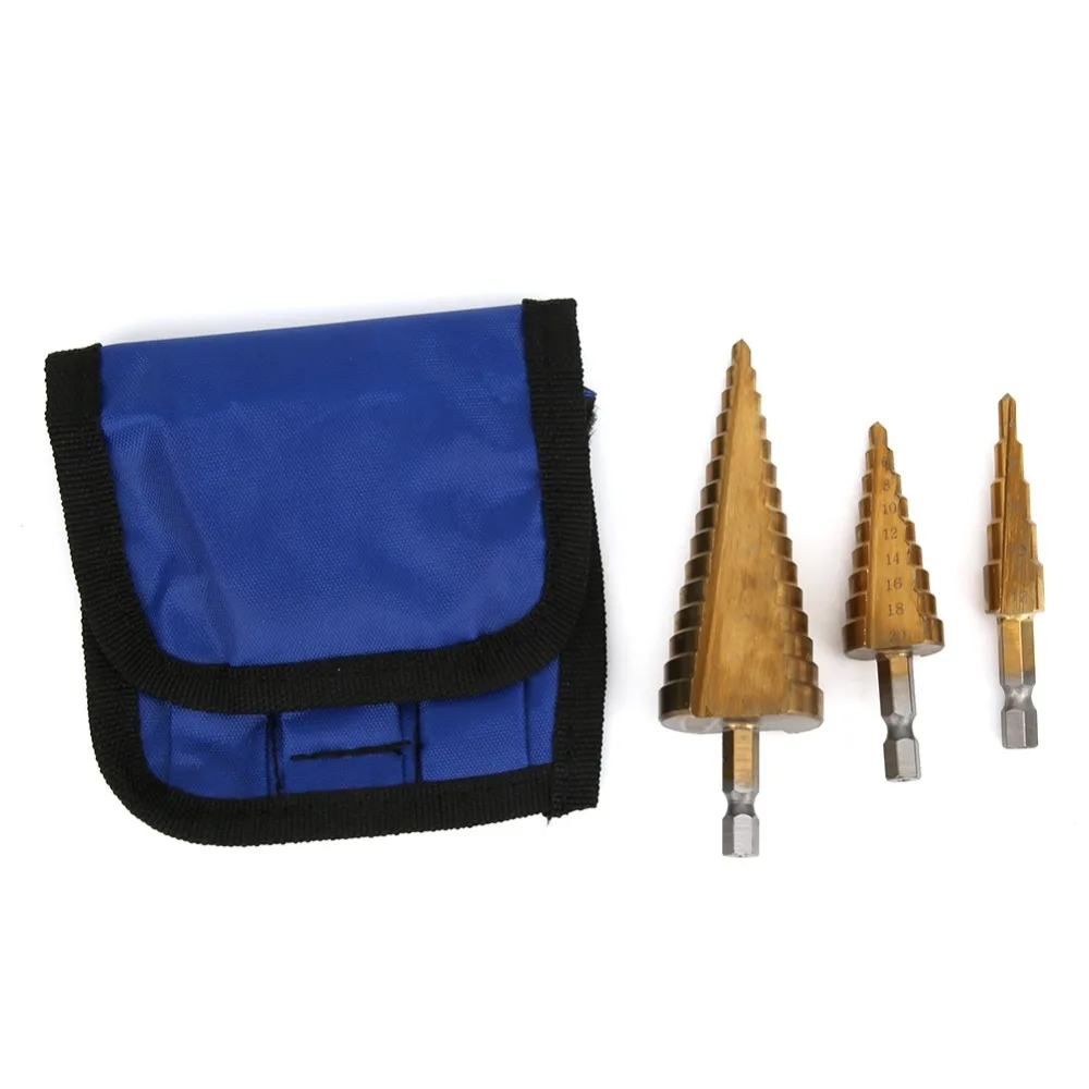 

3pcs Titanium coated bearing steel Step Drill Bit Hex Shank Cone Shape Hole Cutter Titanium Coated Metric Sizes Cone Step Drill