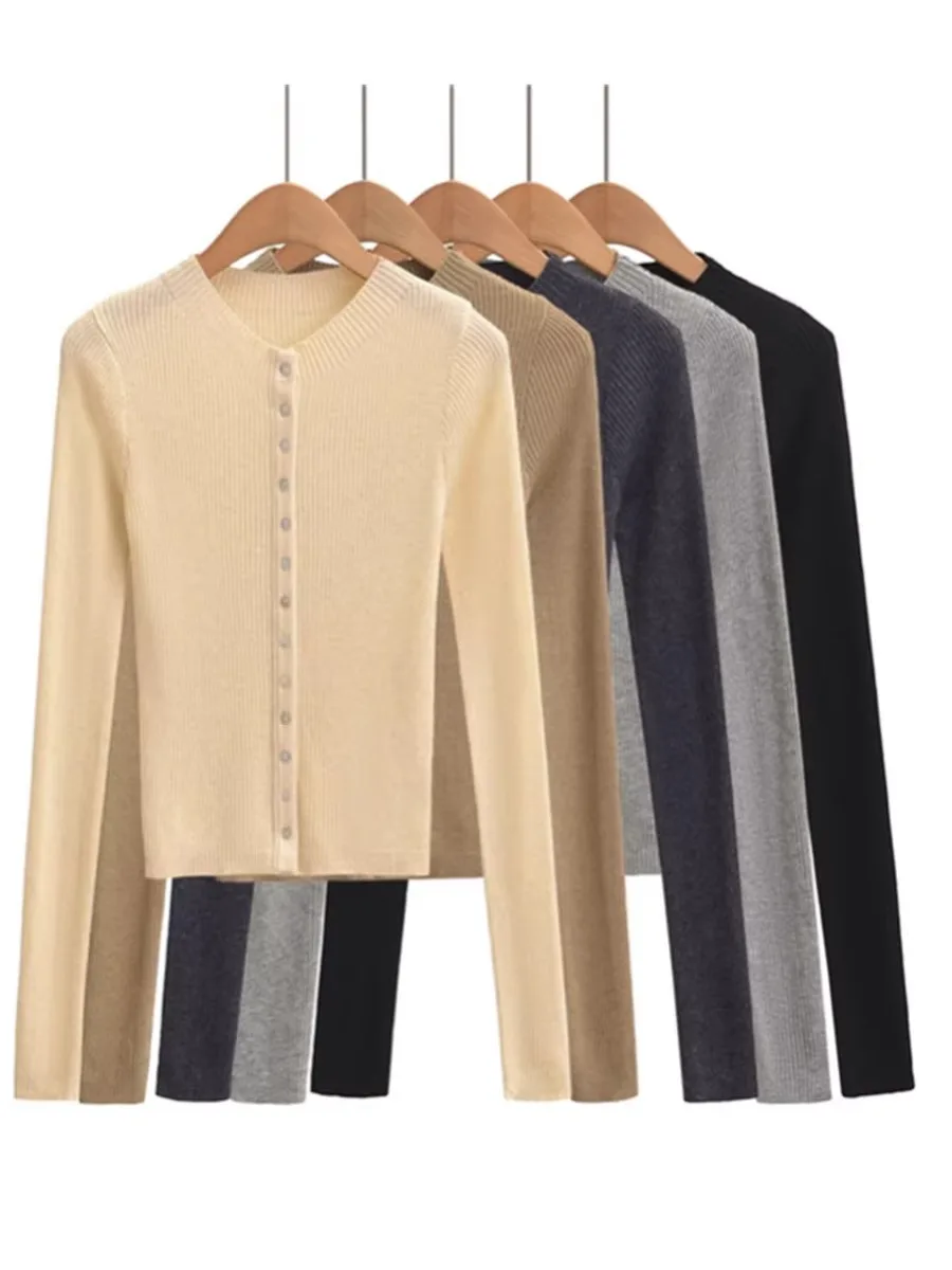 Suéter de Punto de Lana Ajustado, Cuello Medio Alto, Botón Único, Estilo Urbano para Mujer, Manga Larga, Cuello Redondo, Corto