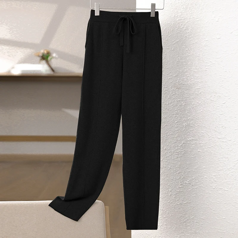 Loose Fall/Winter new women's 100% Merino wool casual soft warm cashmere knit pants with straight leg pants