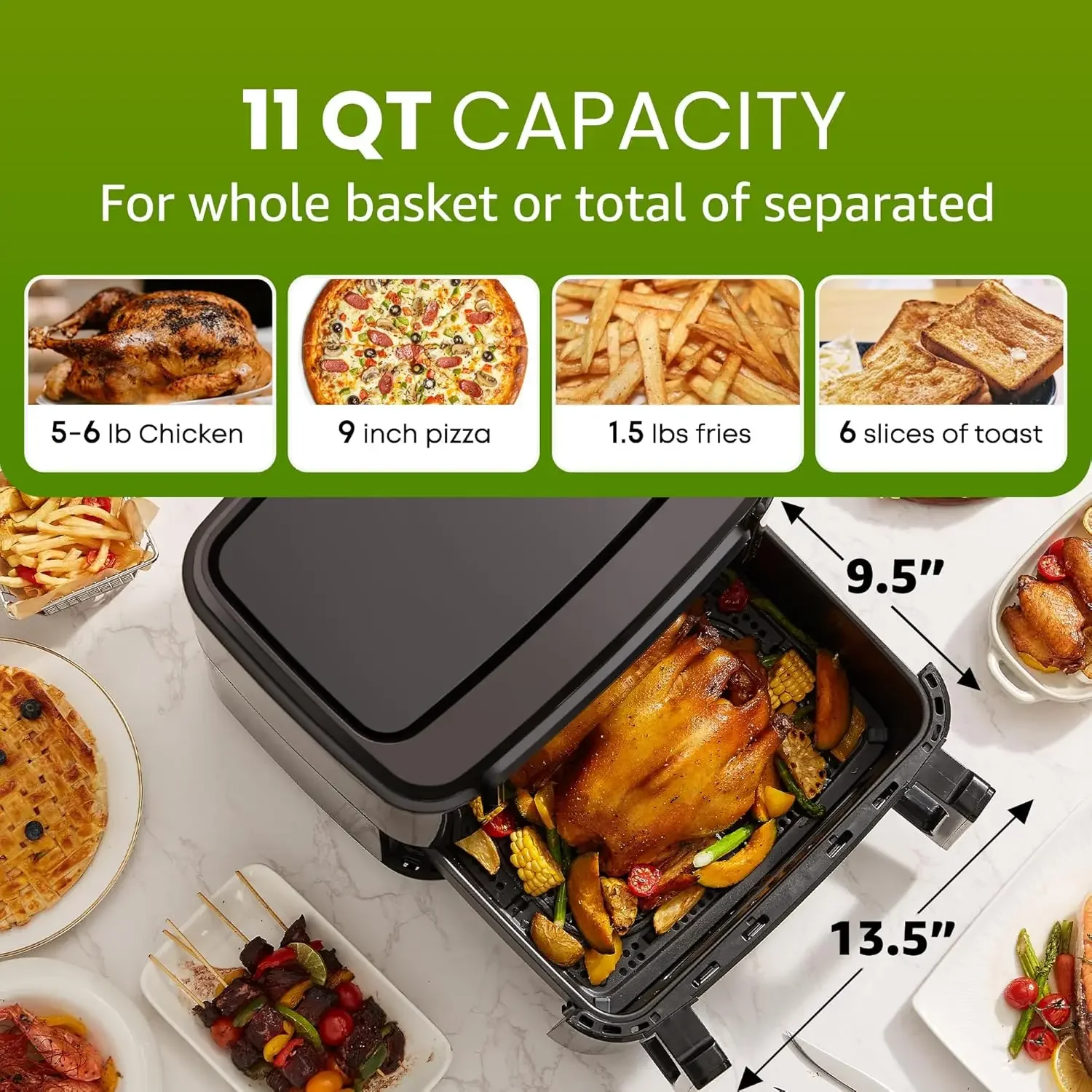 EAF1055D Dual Zone Air Fryer Oven, 11QT. Capacity with Divider 2 Independent Cook Zones, Dishwasher Safe Basket, 10 Preset Funct