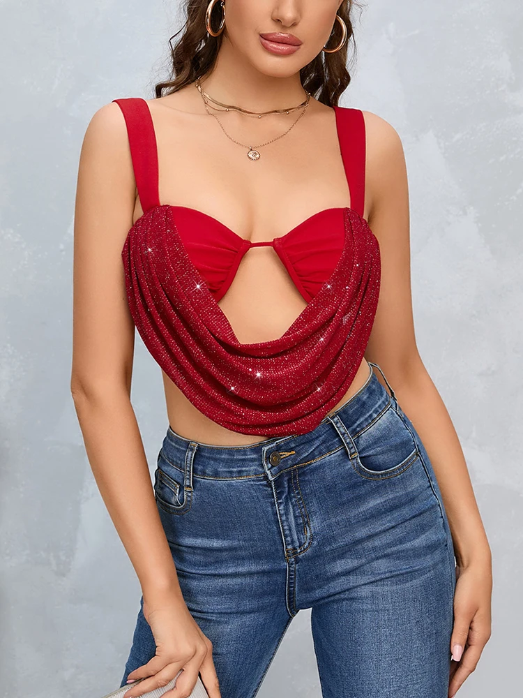 

Evelyth Summer Spicy Girl Gauze Suspenders Hollow Out Vest Sexy Sequin Backless Splice Cropped Top Fashion Women Streetwear 2024