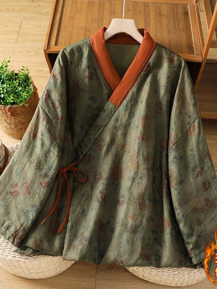 Retro Mint Green Gradient Print Linen Cotton Women's Winter Jacket Warm Cotton Clothes Collar Buttoned Top with Cotton Sandwich