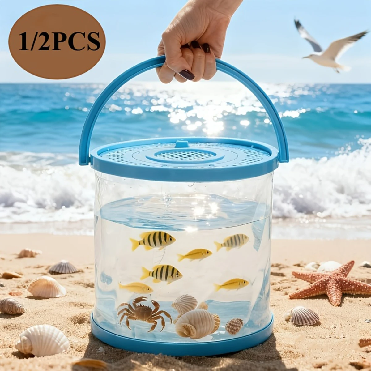 Kids Portable Transparent Observation Bucket Ventilated Lid Handheld Crab Fish Catch Bucket for Beach Outdoor Playing