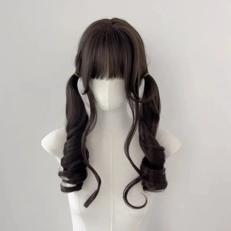 

cold brown neat bangs horsetail wave synthetic wig lolita harajuku osjk girl loli wig wave wig