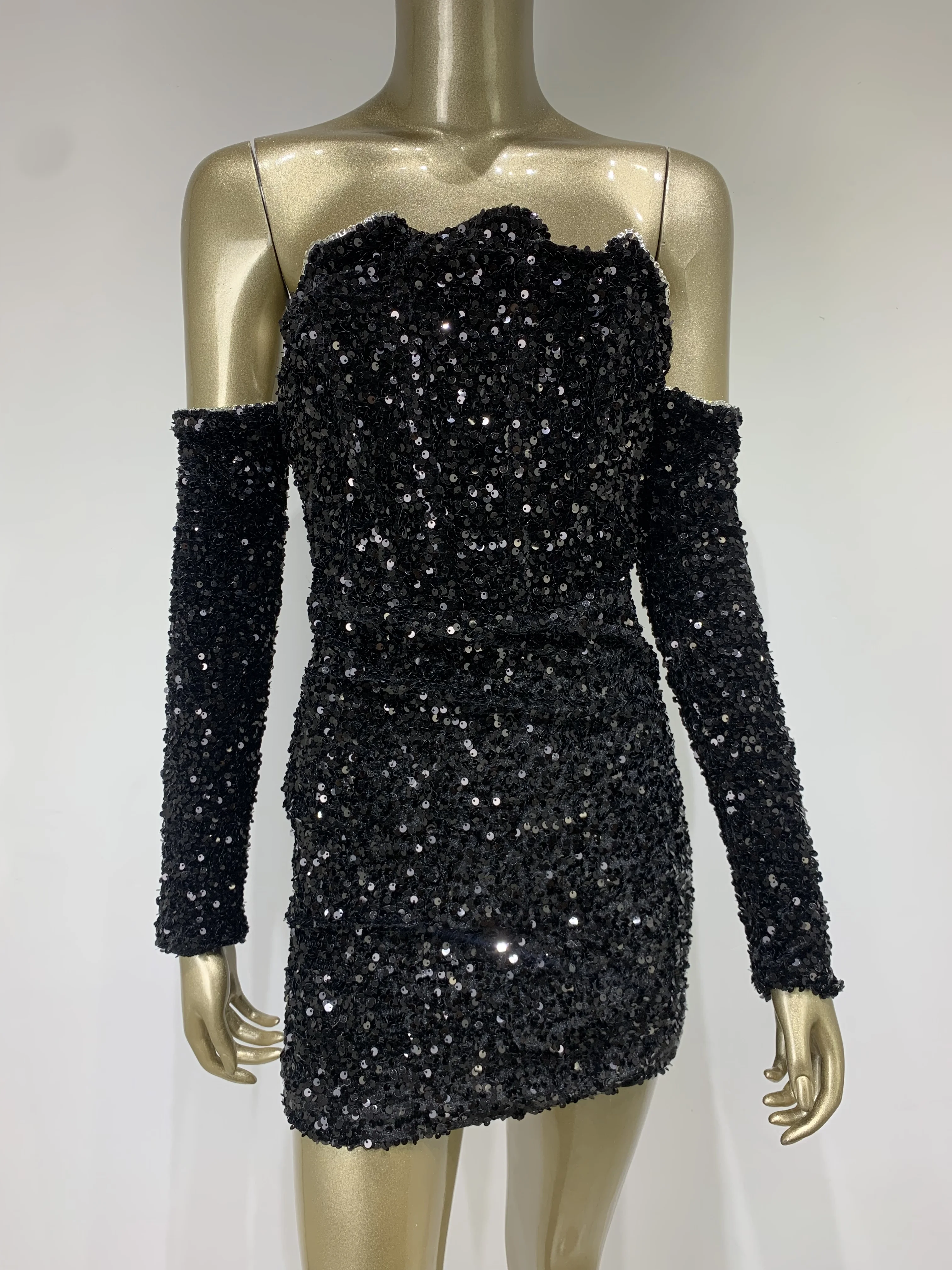 Christmas Women Luxury Sexy Off Shoulder Mesh Sequins Black Diamonds Bodycon Gowns Dress Elegant Evening Party Club Dress