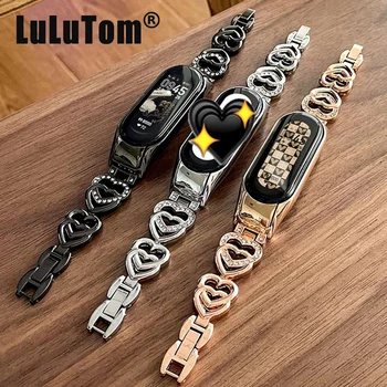 Correia para Xiaomi Mi Band 8 7 Watch Band para Mi Band 5/6/4/3 Moda INS Love Heart Metal Pulseira de Aço Inoxidável Miband Acessórios Smartwatch