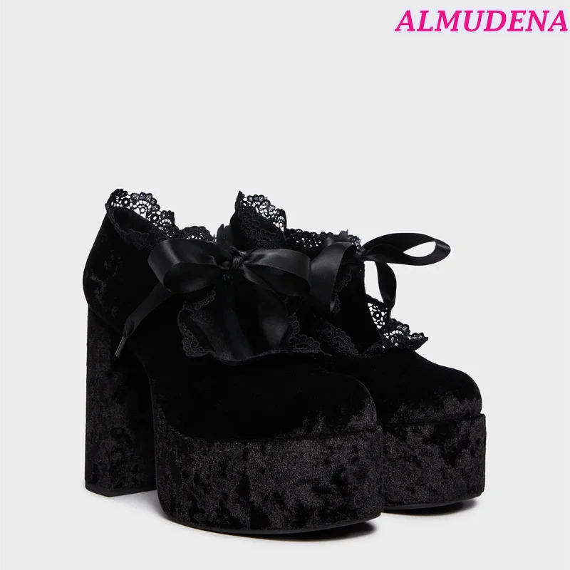 Black Velvet Platform Mary Jane Shoes Women Block High Heels Lace Round Toe Big Size Pumps Luxury Designer Lolita Party Shoes