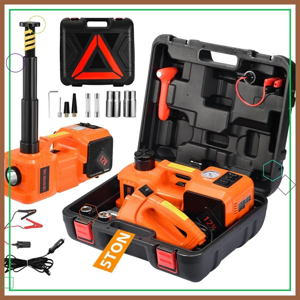 5 Ton Electric Car Jack Kit with Impact Wrench, Tire Inflator, LED Light for
