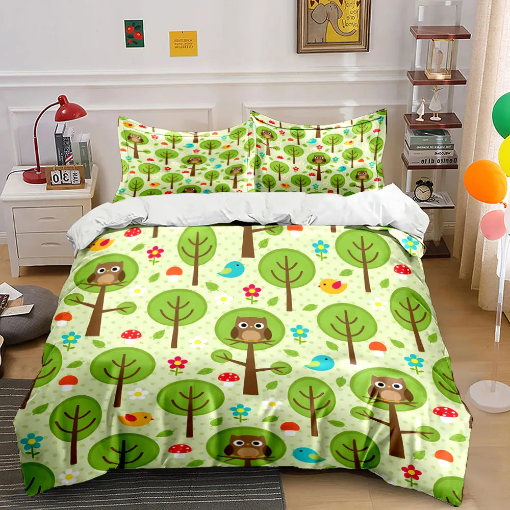 Owls, trees, mushrooms, birds. Print Bedding Set 1 Duvet Cover 2 Pillowcases for Adult and Children Luxury Gift Full Size