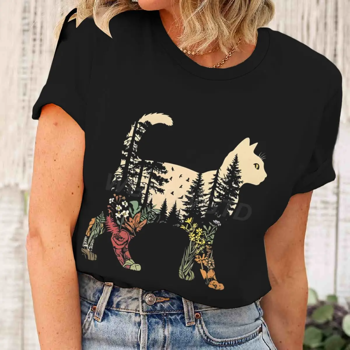 Vintage Floral Cat Design Print T Shirt Women Cat Lovers Gifts T-shirt Animal Lovers Fashion Tshirt Crew Neck Short Sleeve Tops