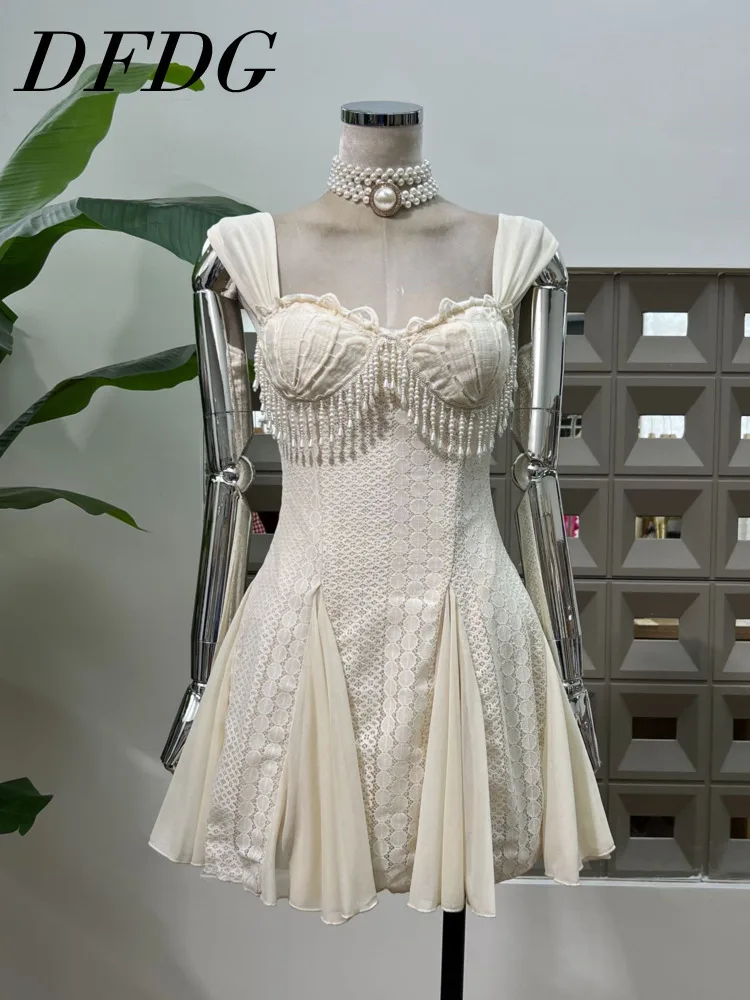 

DFDG женское элегантное курортное кружевное платье с жемчужной бахромой в стиле пэчворк, короткая пляжная одежда, стильная весна-лето 2025