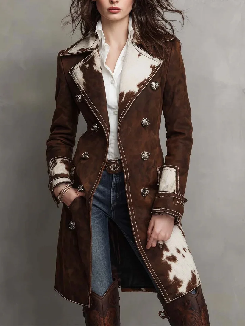 

Women’s Y2K Western Cow Print Trench Coat Double Breasted Lapel Long Sleeve Brown Patchwork Vintage Retro Fall Winter Jacket