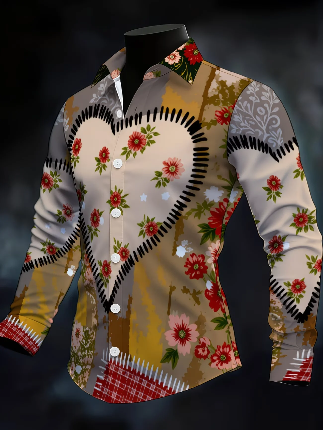 New men's fashionable luxury long sleeved shirt with high-definition 3D printed shirt and floral pattern top