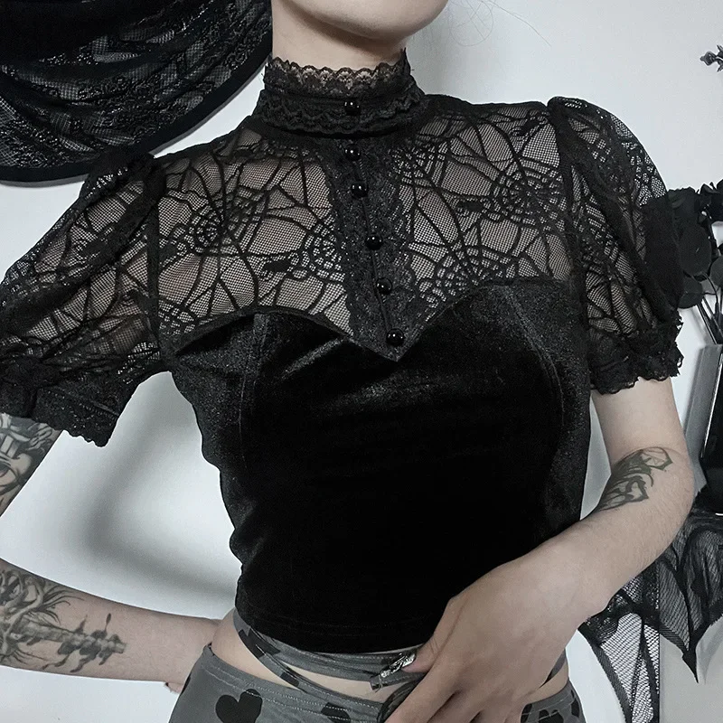 ISAROSE Gothic Lace Tops for Women Summer Sheer Spider Web Mesh Puff Sleeves Turtleneck Stretch Black Velvet Cropped T-shirt