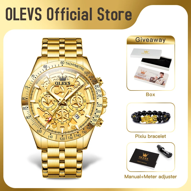 OLEVS Men's Watches Gold Luxury Hollow Out Style Original Quartz Watch for Man Waterproof Luminous Chronograph Date 24 Hours