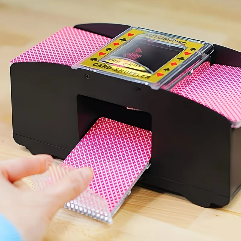 

Double-deck automatic card shuffler, a portable device for convenient card shuffling, ideal for travel, family gatherings, and c