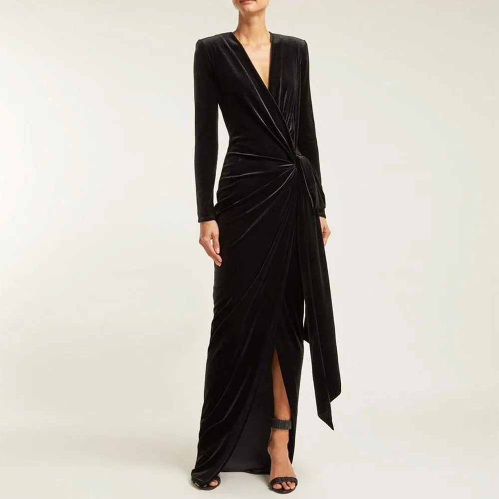 Elegant Black Long Sleeves  V Neck  Floor Length Formal Party Evening Dress