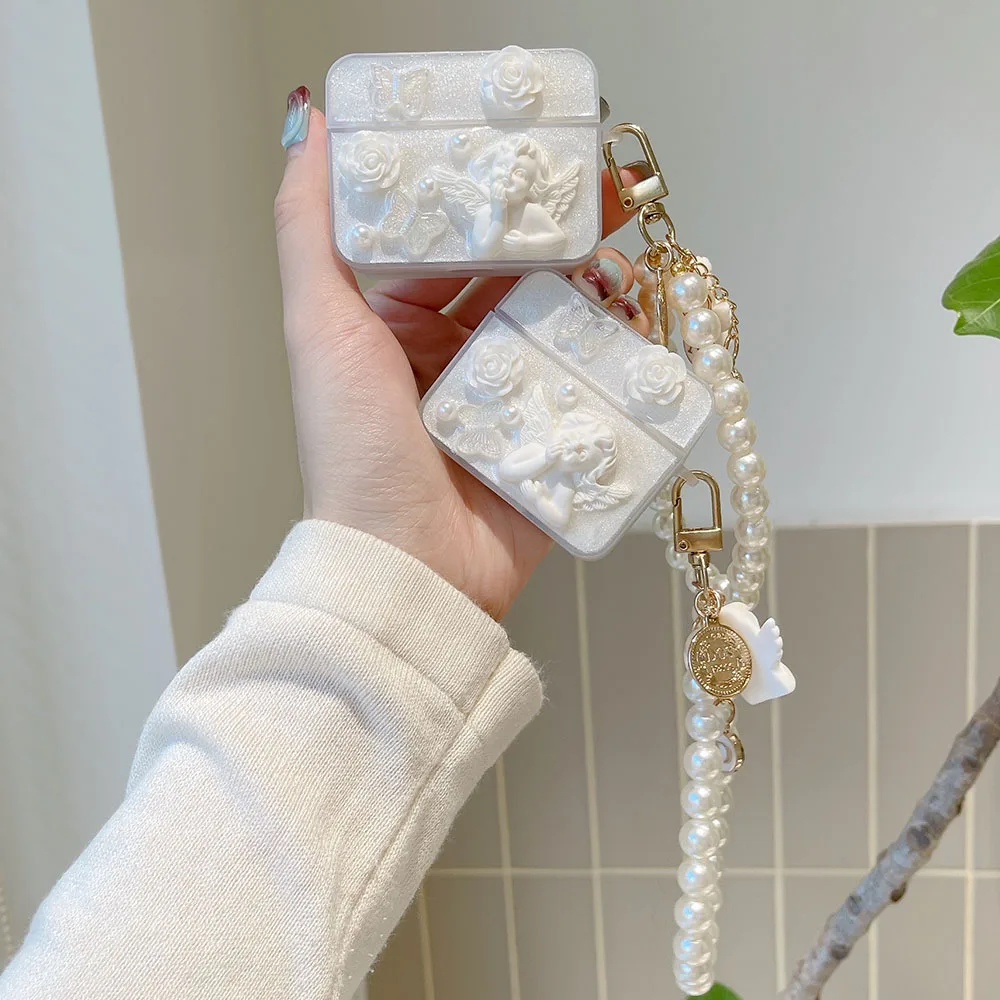 INS Flower Butterfly Angel Gem Epoxy Earphone Case with Pearl Bracelet For Apple Airpods 1 2 3 Pro 2nd Headset Protective Cover