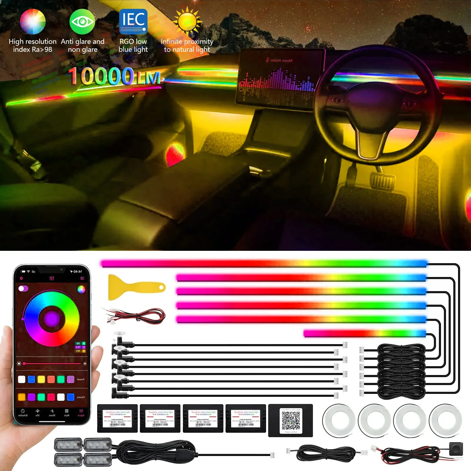 22 in 1 Dual Zone Symphony LED Car Ambient Lights RGB 64 Colors Interior Rainbow Acrylic Strip Neon Atmosphere Lighting Kit App