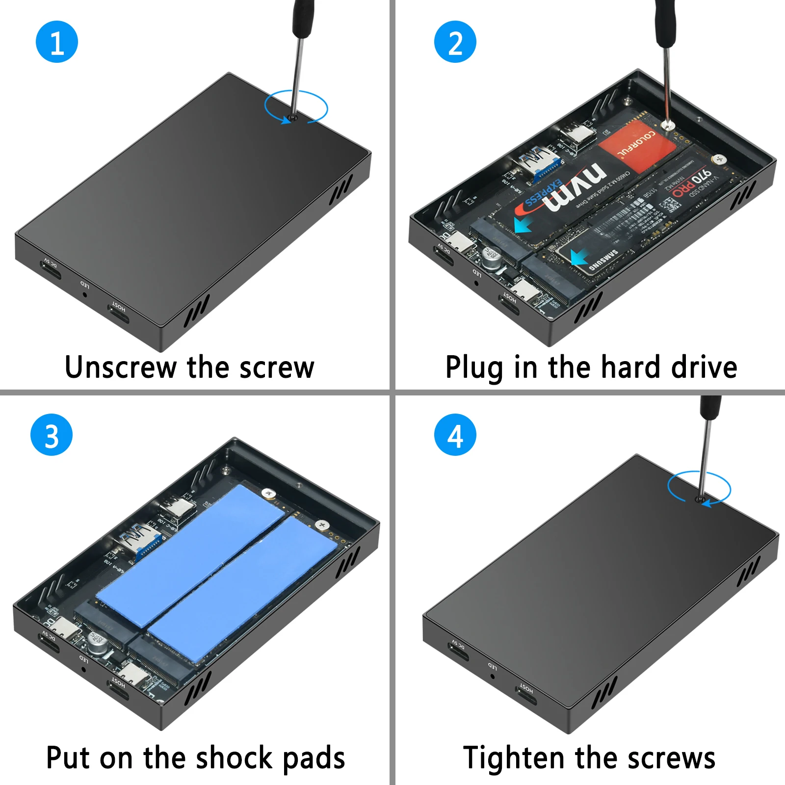 حاوية Dual Bay M.2 NVME SSD مع USB3.2 GEN2 10G + Type C 10Gbps HUB تدعم أربعة أقراص صلبة لـ 2230 2242 2260 2280 NVME SSD