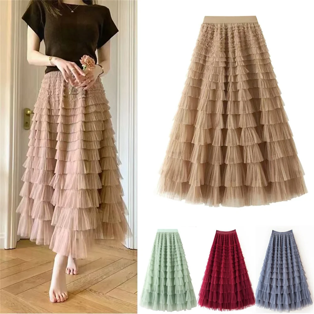 

2025 женская кружевная многослойная юбка с рюшами, женские плиссированные юбки-пачки средней длины с высокой талией, многослойные длинные юбки с рюшами