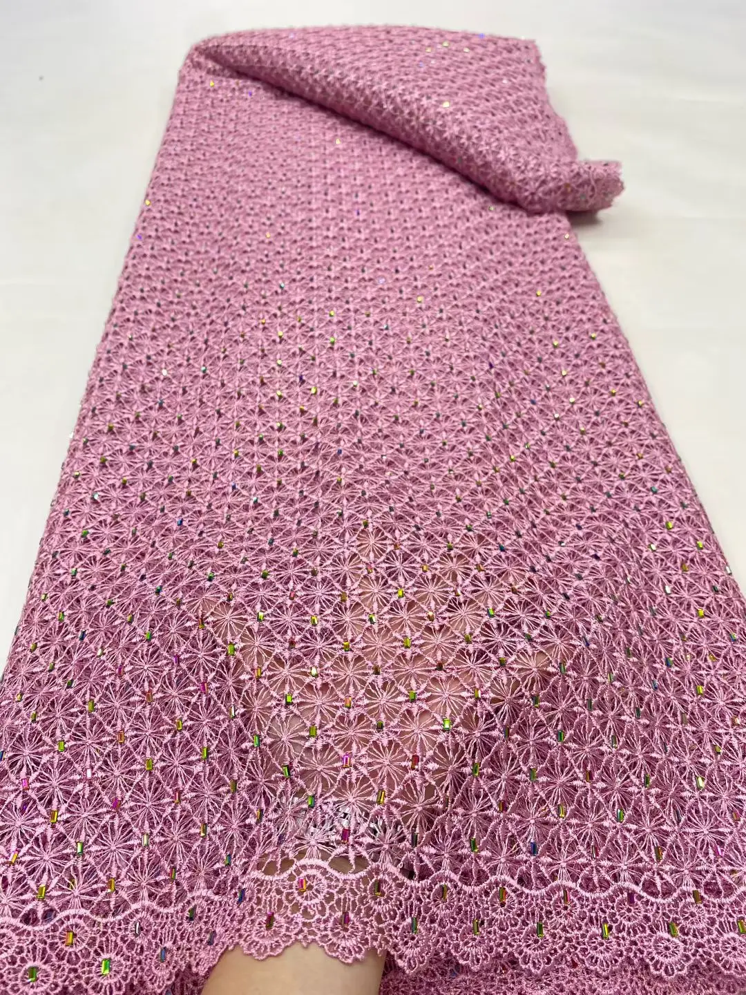 

2025 Latest High Quality African Nigerian Water soluble Lace Fabric Embroidery Party Dress Sequins Cotton 5Yards French Tulle