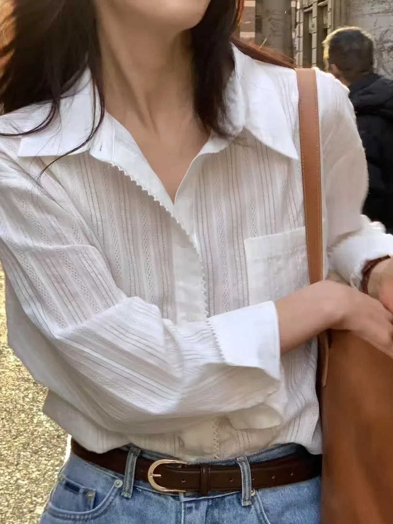 

Early Autumn New Long Sve Embroidered Hollow out Loose Fit irt Women's Lazy Sle Collar Stand up Top with Lace Trim